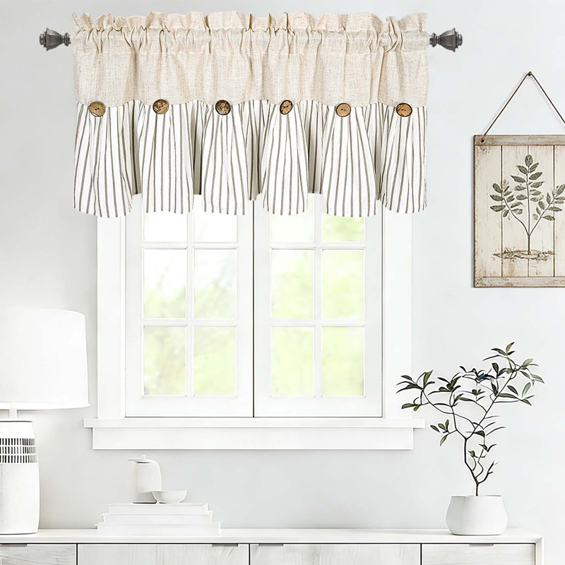 Farmhouse Rustic Linen And Grey Cotton Striped Pleated Valance With Coconut Buttons For Kitchen, Living Room, Bedroom, Bathroom, 52" W X 18" L