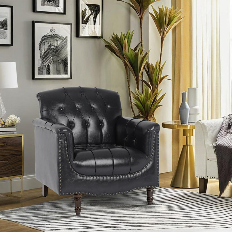80 Cm Wide Tufted Armchair, Blue Black Faux Leather