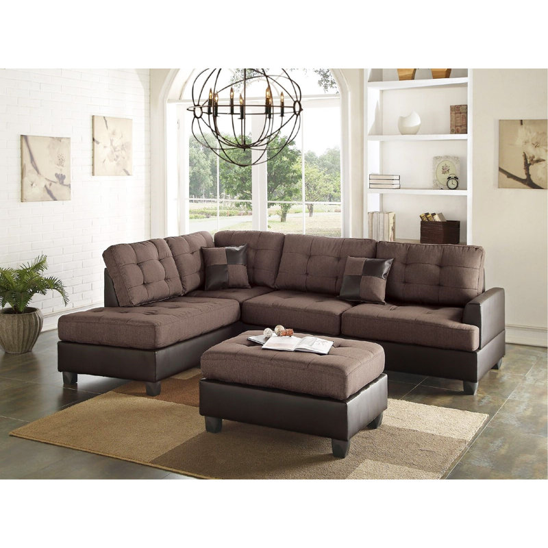 Canapé modulaire contemporain capitonné 3 pièces, 35" H X 102" W x 75" D, Chocolat