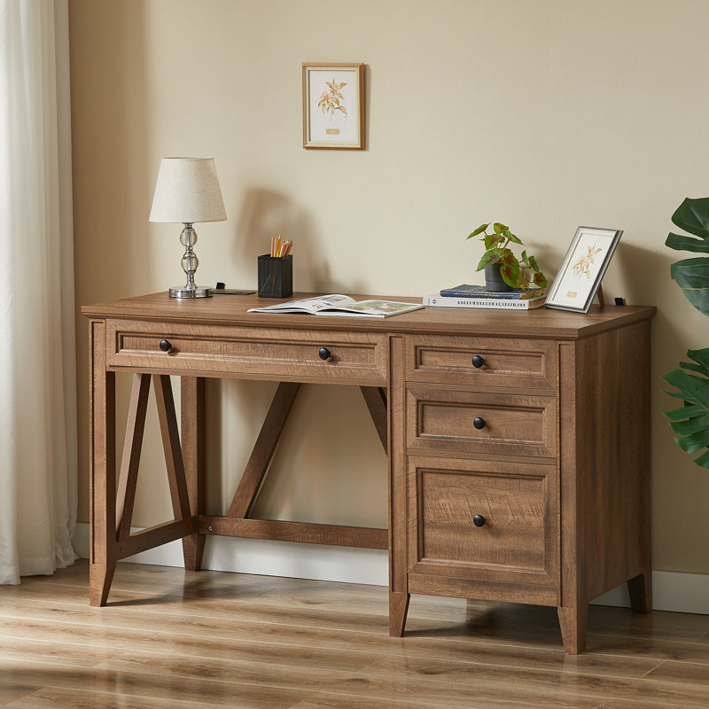 54'' Farmhouse Executive Desk With Storage, Home Office Desk With Drawers, File Cabinet And Power Outlets, Brown