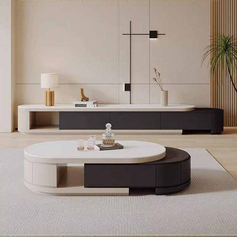 Italian Style Expandable Rock Slab Coffee Table, Black;Cream, Black;White