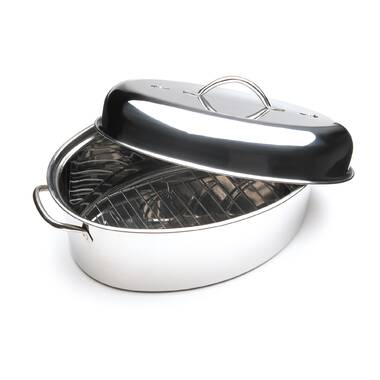 Nutrichef Oval Roasting Pan, Roaster with Polished Rack, Wide Handle and Stainless Steel Lid