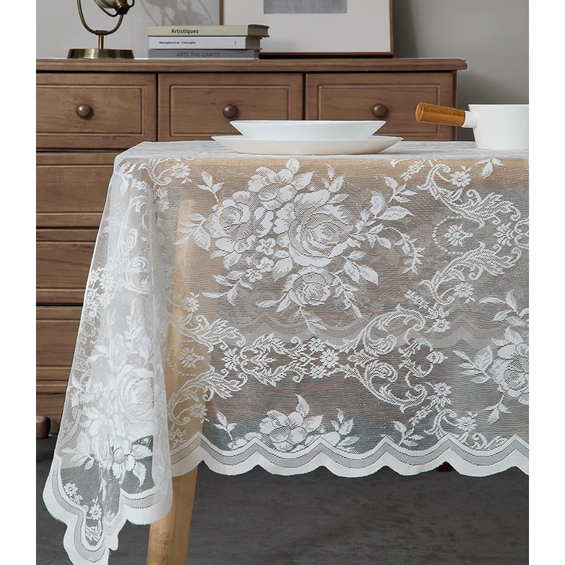 Lace Tablecloth With English Rose Design In 5 Sizes, Ivory, 70" Square
