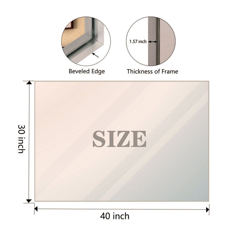 40x30inch Silver Rectangular Wall-mounted Beveled Bathroom Mirror,Square Metal Frame  Mirrors