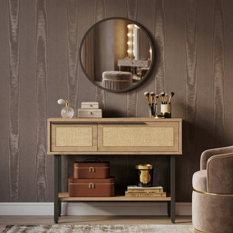 Console Aurelia de 39 po avec miroir rond assorti et détails en rotin