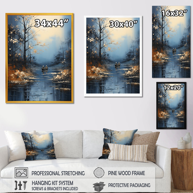 «Blue Moonlit River Blooms III - River», art mural, Cadre simple blanc, H 32 po x l 24 po x P 1 po