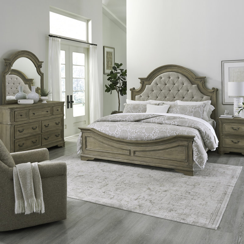 Colchester Queen Upholstered Bed, Dresser & Mirror, Two Nightstand Bedroom Set, Queen, Brown