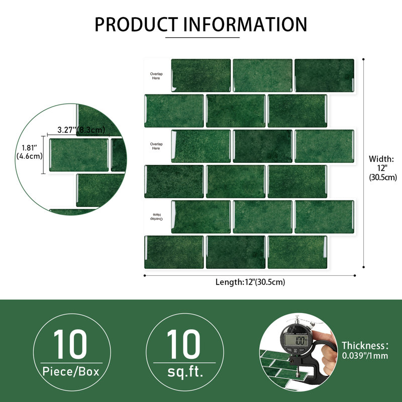 12 In. X 12 In. Vinyl Peel And Stick Backsplash Tile, Decorative Wall Tile Backsplash In Green (10 Packs)