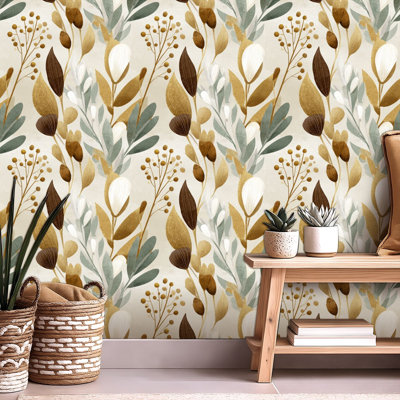 Papier peint à peler et coller avec impression de botanique minimaliste mat pour décor de salon autocollant et amovible 24 po x 118 po (60 x 300 cm)