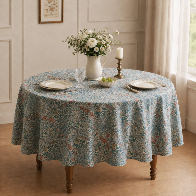 Nappe ronde en lin texturé à motif floral, résistante à l'eau, 229 cm de diamètre, 90R, Golden Lily
