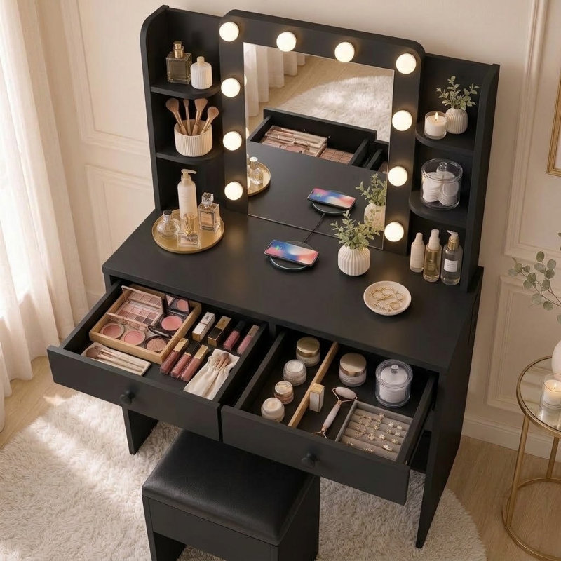 Ensemble de coiffeuse avec miroir lumineux et 6 tablettes ouvertes, 2 tiroirs et tabouret de rangement, White