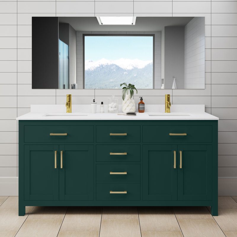 Beckett 72" Freestanding Double Bathroom Vanity with Cultured Marble Top, White Cultured Marble, Brushed Gold, Green