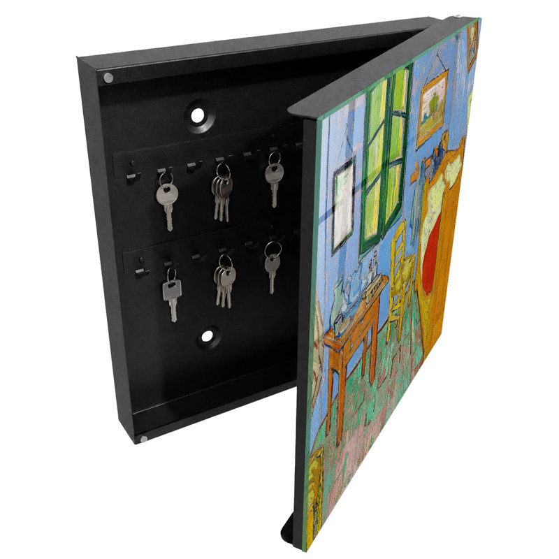 Key cabinet for wall, Opens to the right, 30x30x5, White, A room with a bed and wooden furniture, 