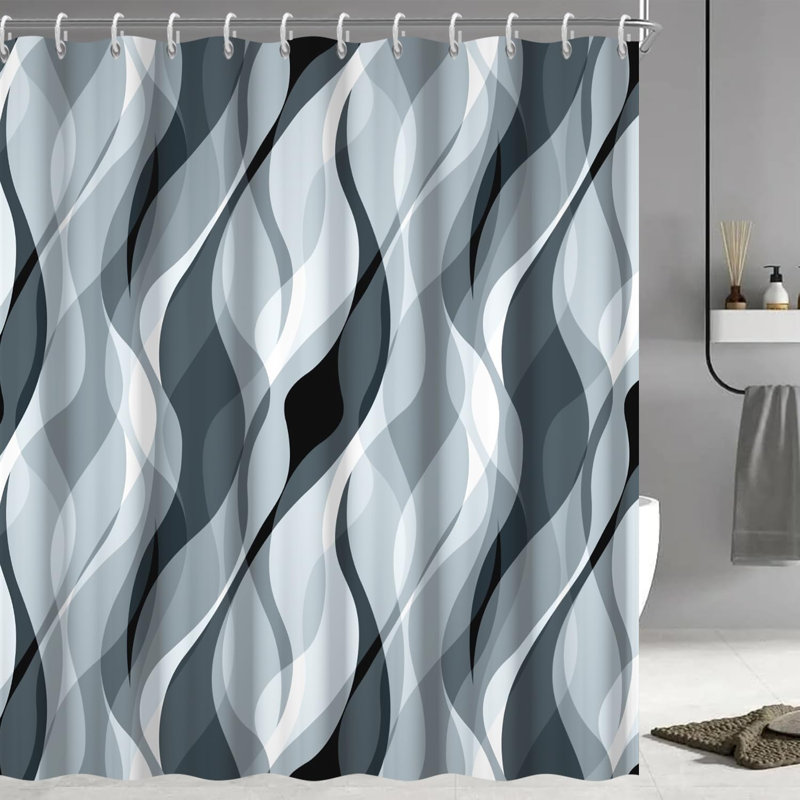 Rideau de douche en polyester imperméable à rayures moderne avec crochets pour salle de bain, Bleu