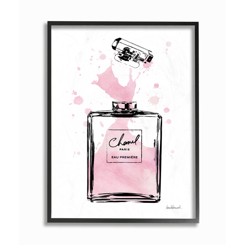 «Pretty Pink Watercolor Perfume Bottle Splash», reproduction d'art graphique, H 20 po x l 16 po, Giclée encadrée noir minuit
