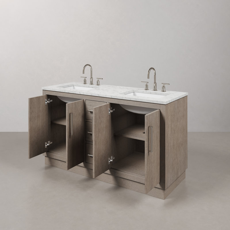 Hugo 60 In. Double Sink Carrara White Marble Countertop Vanity In Grey Oak With Gooseneck Faucets, Chrome