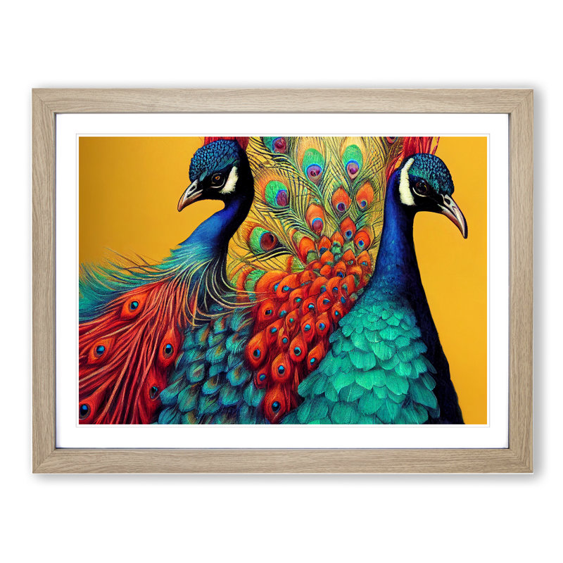 XH1022-6749X Pair of Peacocks 1 Piece Single Picture Frame Wall Art, 46cm H x 64cm W x 2cm D, Oak