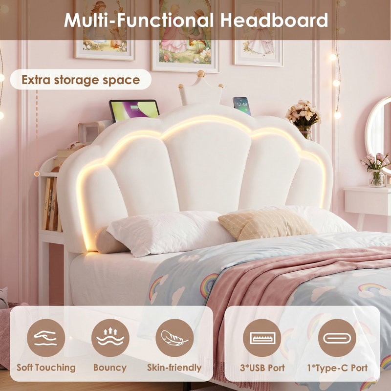 Floating Cloud Crown Velvet Bed with Headboard Storage, LED Light & Built-in Charging Outlet, Twin, White