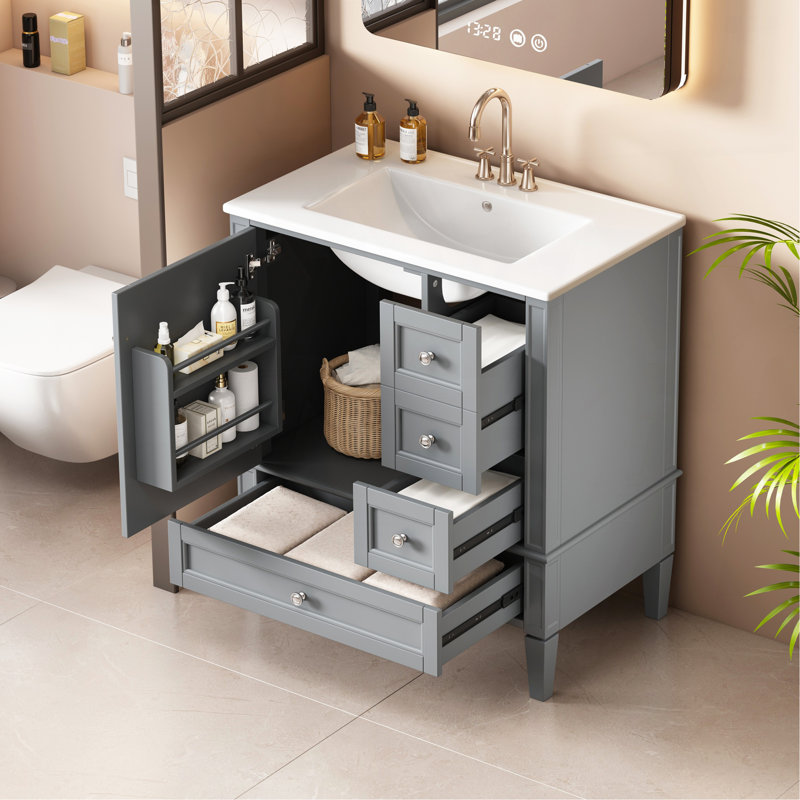 Meuble-lavabo moderne de 30 po avec lavabo en céramique, salle de bain grise à 3 tiroirs, meuble de rangement moderne en bois massif, idéal pour la maison