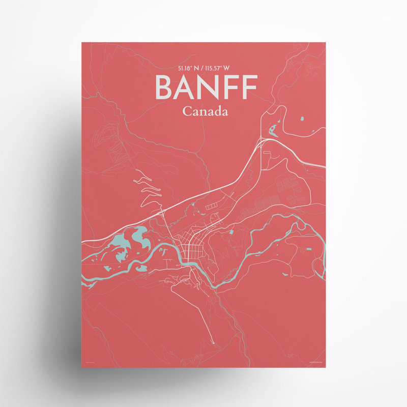 Banff, carte de la ville, impression, H 24 po x l 18 po, Rose / bleu pastel