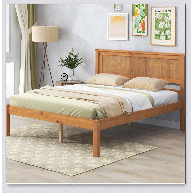 Base de lit plateforme avec tête de lit, support à lattes de bois, Double, Blanc