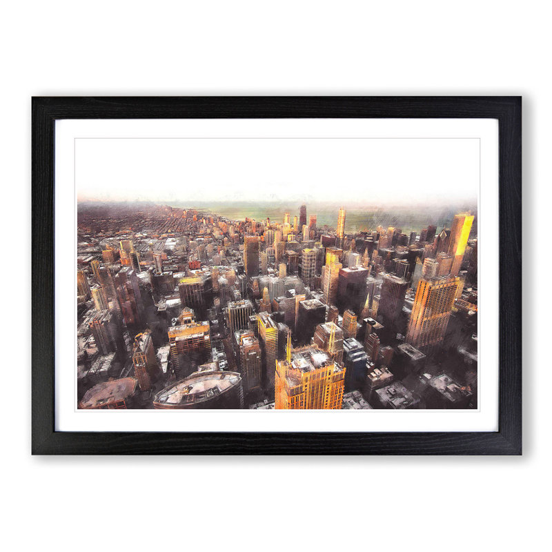 Flying over the Chicago Skyline - Picture Frame Graphic Art Print, Black Framed, 45cm H x 63cm W x 2cm D