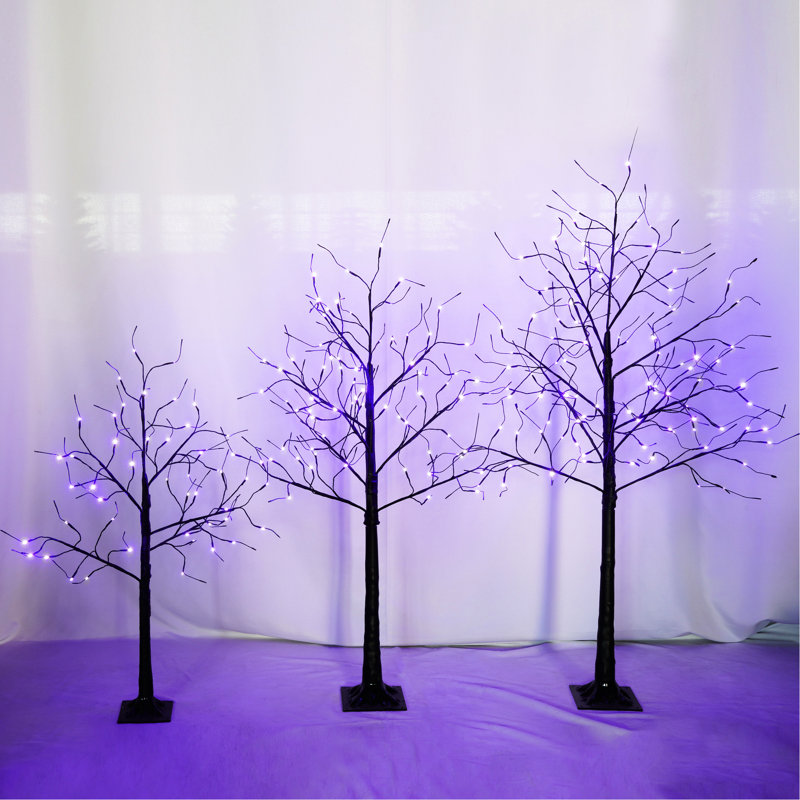 3 arbres avec lumières mauves - arbres artificiels noirs de 4 pi, 5 pi et 6 pi pour des vitrines créatives, pièce de système de branche articulée éclairée Spooky Glow, décor de maison hantée, vinyle ignifuge