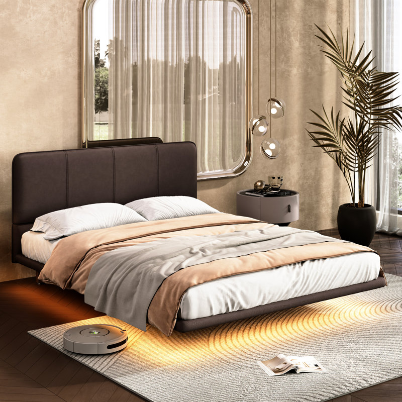 Queen Size, Floating Bed Frame, Led , Coffee Modern Pu Leather Platform Bed, Material, 8 Dynamic Lighting Styles Frame With Size Color, Strong And Reliable, Simple Assembly, Sequences