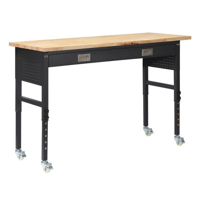60-inch Adjustable Workbench, 1500 lbs Load Capacity, Garage Workbench with Drawer, Power Outlet, Wheels, and Pegboard, Heavy-Duty Oak Wood Top Work T