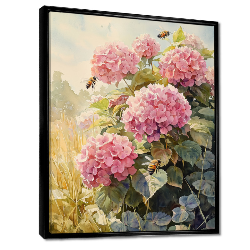 Hortensias dans le champ de trèfles I - hydrangées, art mural, Noir, Reproduction avec cadre flottant, H 20 po x l 12 po
