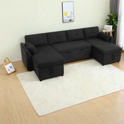 Canapé spacieux en forme de U avec rangement et USB, tissu en peluche, noir moderne pour la maison