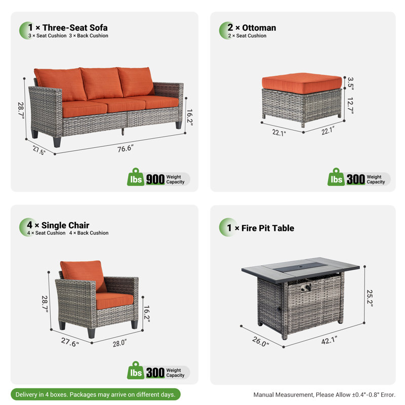 Ensemble de meubles de patio en osier / rotin pour 7 personnes Allcot, canapé d'extérieur avec coussins confortables, Orange