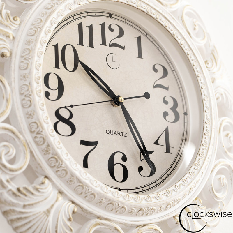  16" Classic Round Decorative Hanging Wall Clock With Ornate Leaf Scroll Frame In Vintage Distressed Finish For Home Entryway Living Room Bedroom Kitchen Office Hotels & Restaurants, White