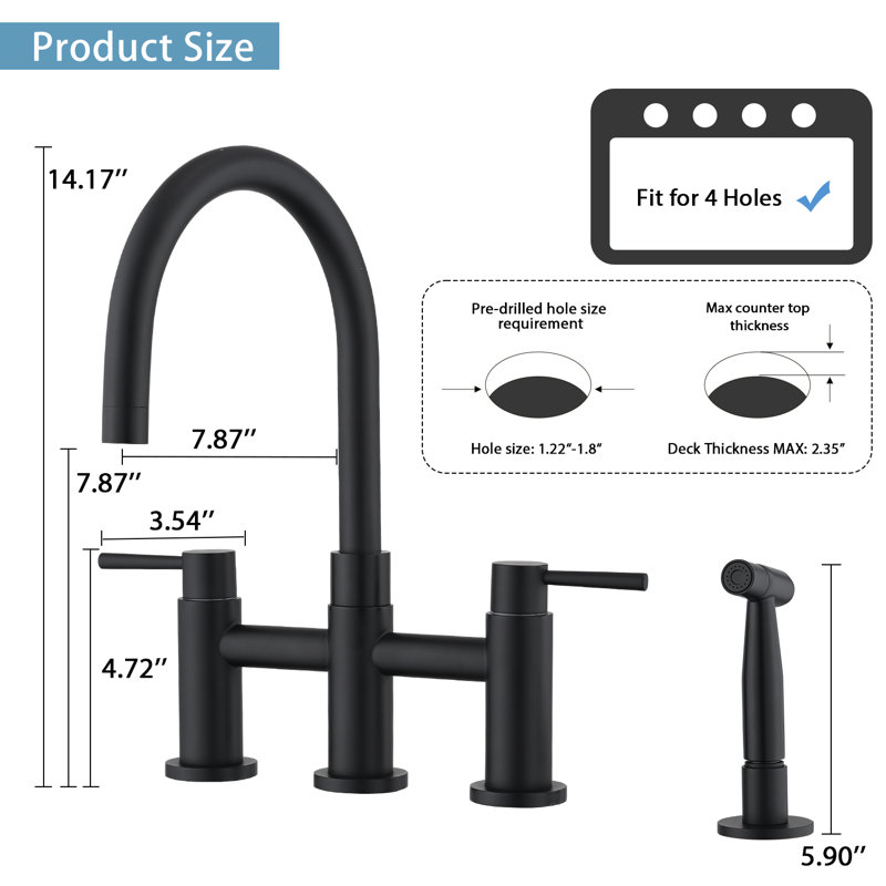 Robinet de cuisine Bridge avec douchette latérale, Noir mat