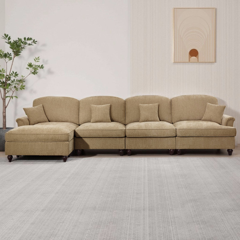 Canapé modulaire classique en L à 4 places avec repose-pieds Classic - canapé en chenille avec jupes à volants amovibles et pieds fuselés, canapé convertible à assise profonde pour le salon