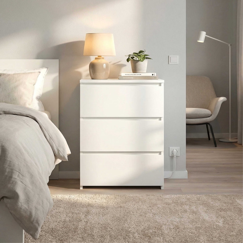 3-Drawer Nightstands with Outlets and USB Ports, 2 Pcs, White