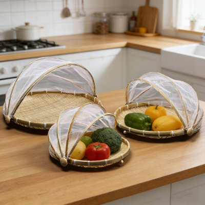 Ensemble de 3 paniers à linge ronds en bambou tissé à la main avec panier à légumes cuit à la vapeur et couvercle pour filet de légumes 11,8 po + 13,7 po + 16 po