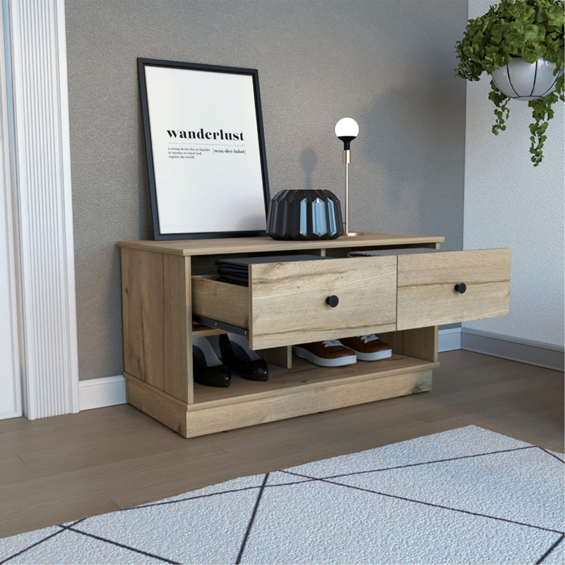 Banc de rangement, deux tiroirs, deux tablettes ouvertes, chêne clair