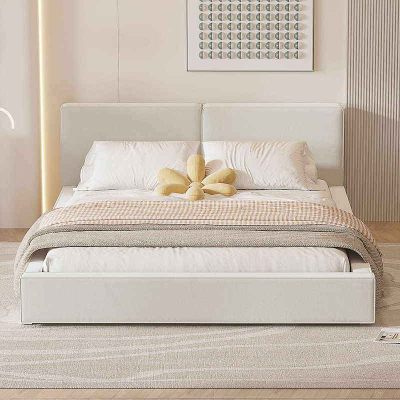 Grand lit plateforme tapissier avec tissu en velours, Beige