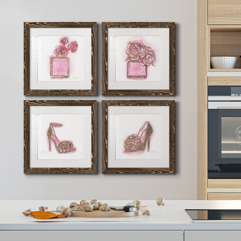 Golden Perfume I - ensemble de 4 reproductions d'art sur toile encadrées, H 27,5 po x l 110 po x P 1,5 po, Noyer, Blanc