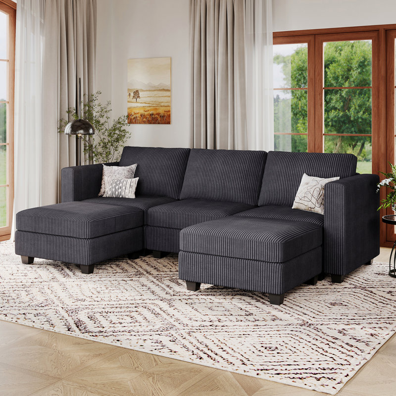 Canapé modulaire en U avec rangement Vevey, Velours côtelé gris