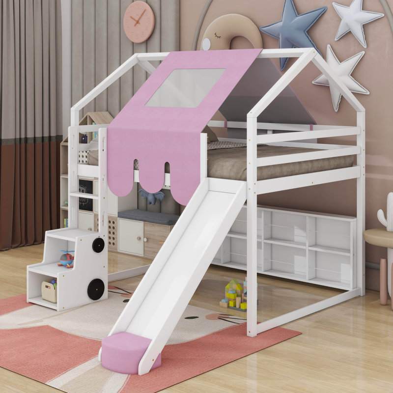 Lit simple mezzanine en bois en forme de maison avec une tente, Double, Blanc / Rose