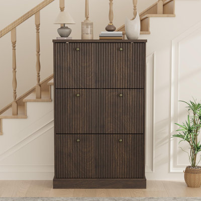 Shoe Cabinet with 3 Flip Drawers, Hidden Wooden Fluted Shoe Cabinet with Adjustable Shelf, Freestanding Shoe Storage Cabinet