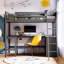 Lit mezzanine simple gris avec espace de travail fonctionnel et rangement, maximise l'efficacité de la pièce, fabrication en bois, tablettes sécuritaires, espace de rangement pratique, bois massif, sans sommier