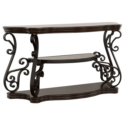 2 - Shelf Console With Dark Wood, Cherry Veneer And Metal For Storage Display In Entryways Hallways Table Colored Legs Behind Sofas