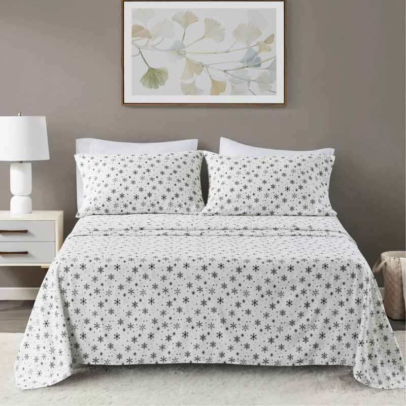 Ensemble de draps 4 pièces avec flocons de neige noirs, flanelle 100% coton, dimensions surdimensionnées allant jusqu'à 18 po de hauteur, douceur supérieure, drap-housse élastique, pré-rétréci