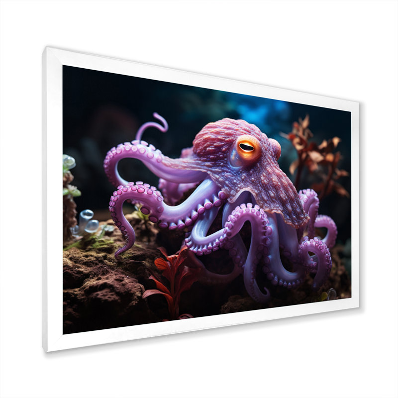 Pieuvre mauve, rencontre mystique sur toile, Cadre simple blanc, H 16 po x l 32 po x P 1 po