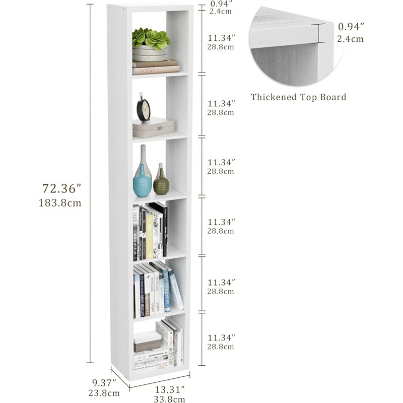Tall Narrow 6-Shelf MDF Bookcases, Slim Vertical Storage Unit, Corner Bookcase for Small Spaces, Bedroom & Home Office, White