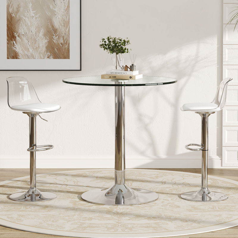 Tempered Glass Round Bar Table Set With Lift And 360° Rotating Chairs, 3 Pieces: Table, 2 Chairs
