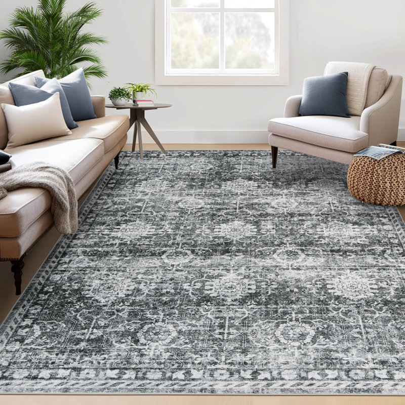 Washable Area Rug for Living Room – Boho Vintage Non-Slip Carpet – Soft, Mark Resistant Mat for Bedroom, Dining Room, Kitchen, Entryway – 5x7ft